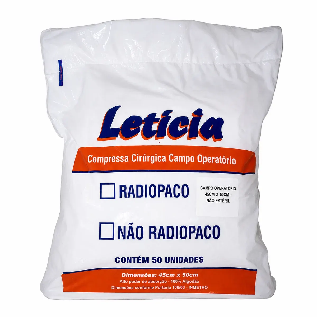 Embalagem Letícia de compressa cirúrgica campo operatório 45 x 50 cm