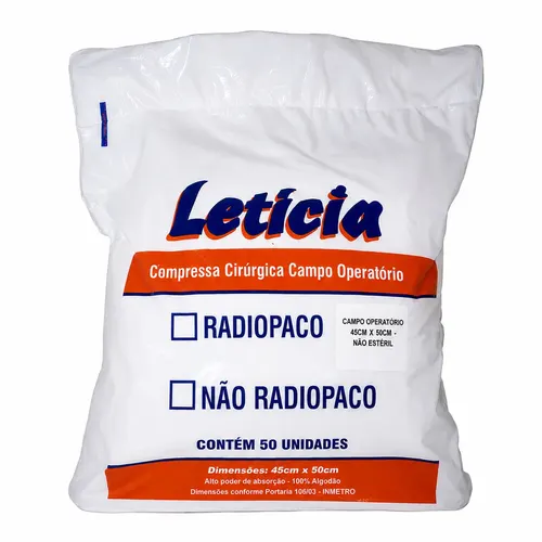 Embalagem Letícia de compressa cirúrgica campo operatório 45 x 50 cm