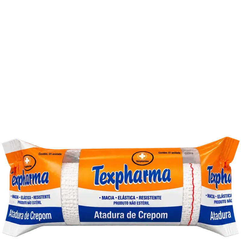 Atadura de crepom Texpharma em embalagem sobre pedestal metálico