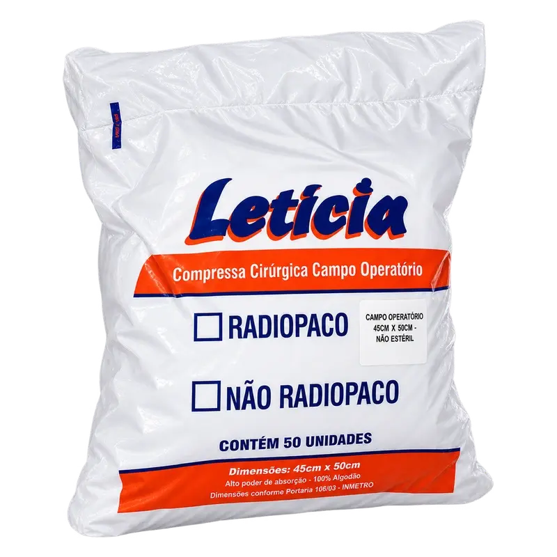 Embalagem Letícia de compressa cirúrgica campo operatório sobre pedestal metálico