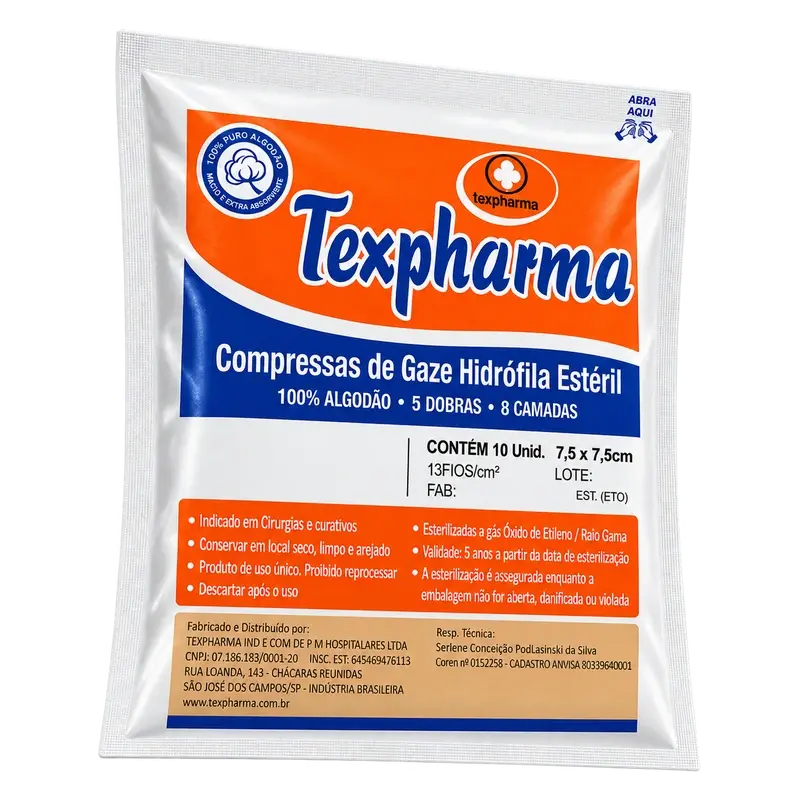 Compressa de gaze estéril Texpharma 13 fios com 10 unidades sobre pedestal metálico