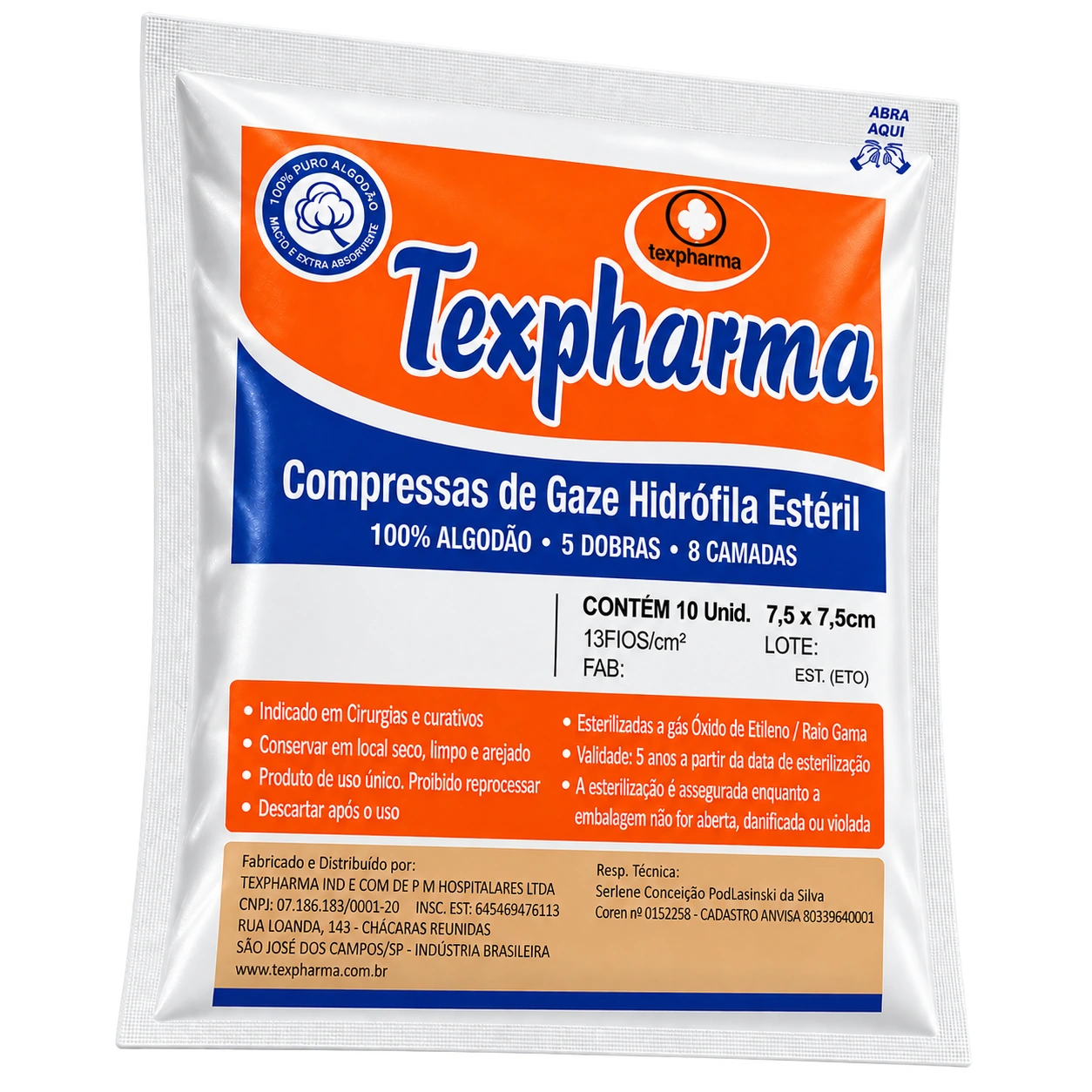 Compressa de Gaze Hidrófila Estéril Texpharma.