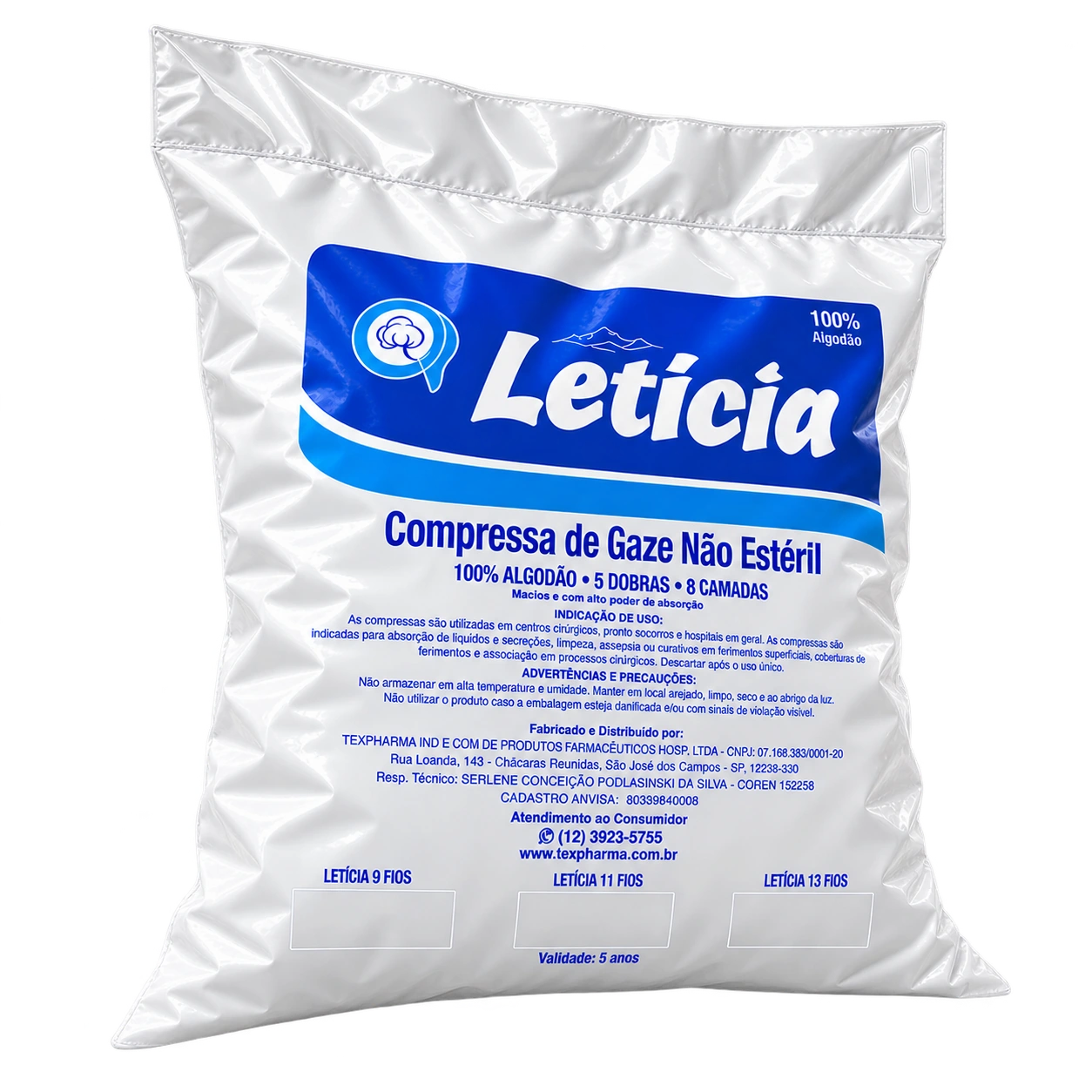 Compressa de Gaze Não Estéril Leticia, pacote com 500 unidades.
