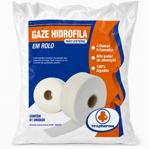 Gaze hidrófila em rolo Texpharma em embalagem frontal