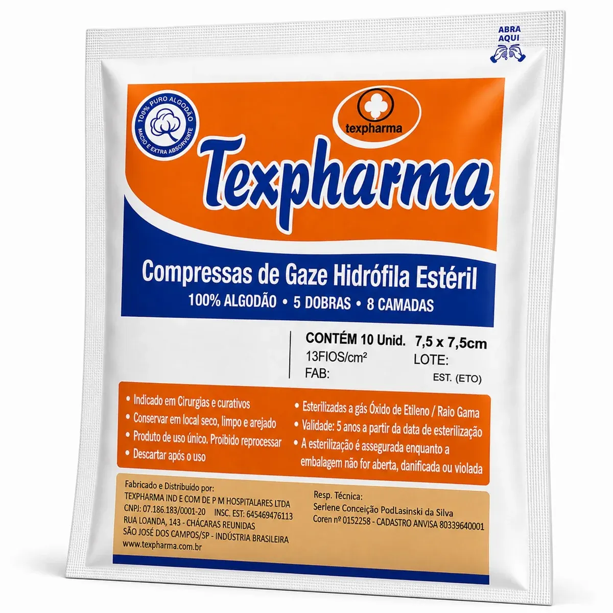 Compressa de gaze estéril Texpharma 13 fios com 10 unidades em embalagem