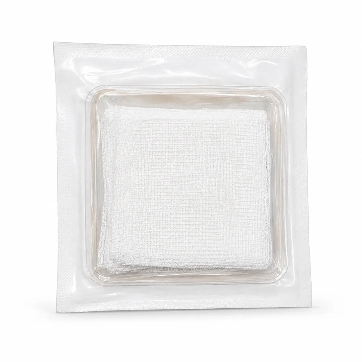 Verso da embalagem de compressa de gaze estéril Texpharma com a gaze visível pelo blister transparente